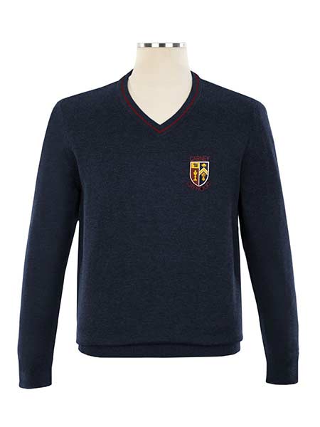 V-Neck Pullover, w/ Burgundy Stripes ON COLLAR;  EMB